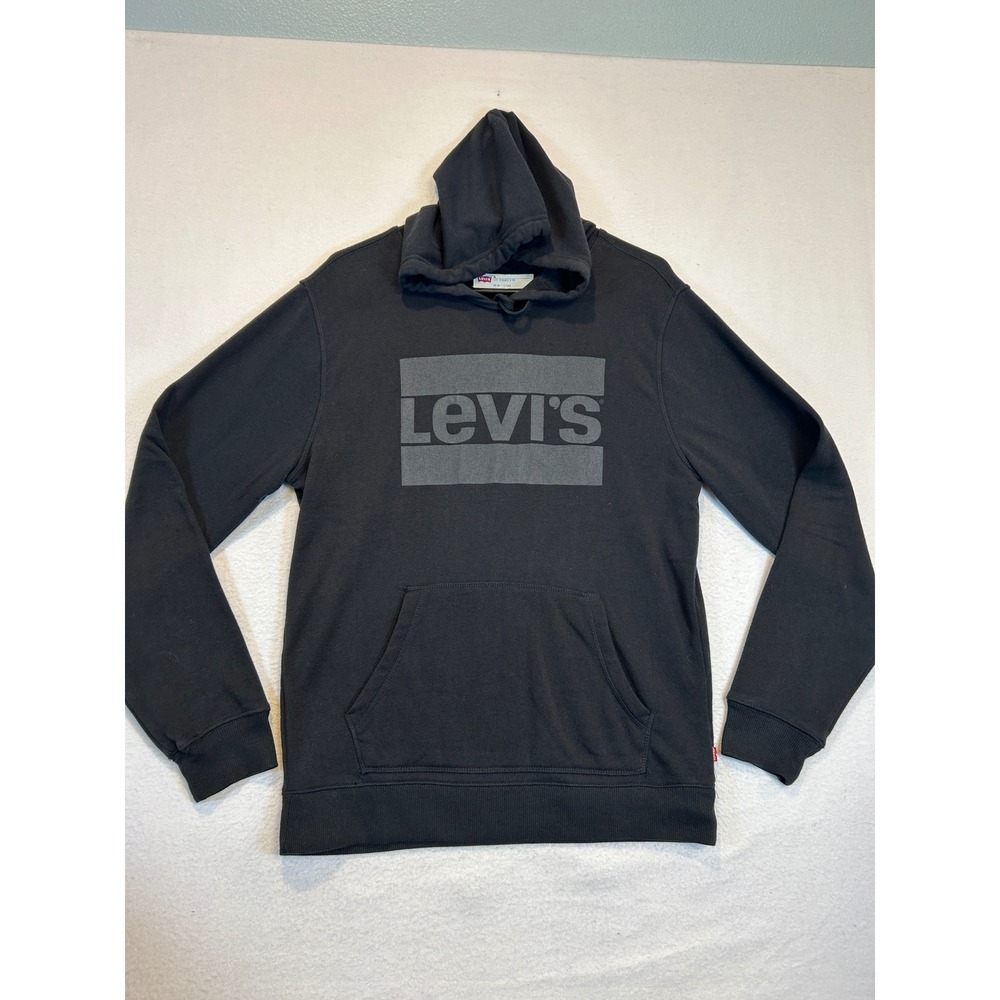 Levis Mens XL Black Graphic Logo Pullover Hoodie Sweatshirt Fleece Lined